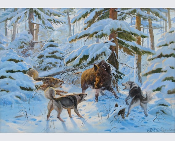 Wild Boar Hunt: Original Oil Painting, Winter Forest Landscape by