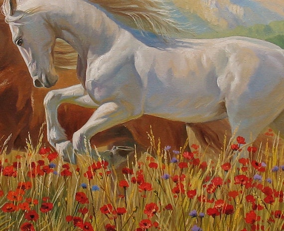 馬の絵画。 （絵画 動物 馬の絵 インテリアアート額付き 水彩画