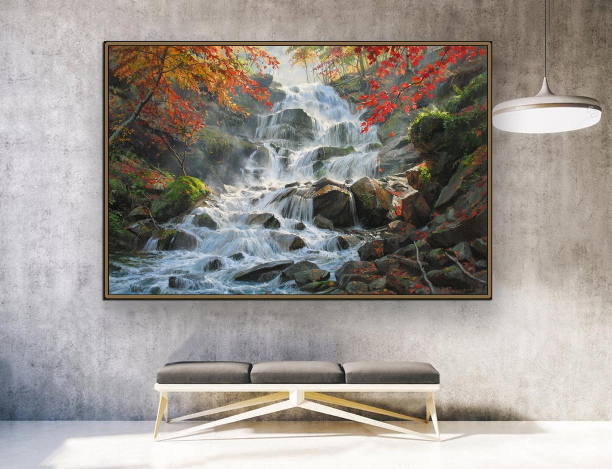 オリジナルの滝の油絵：アレクサンダー・シェンデロフによる大きな風景