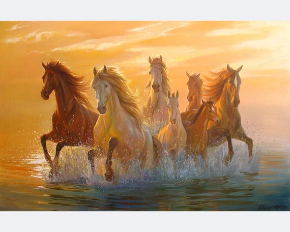 Original Horse Painting: Large Oil Canvas, Running Horses in Water