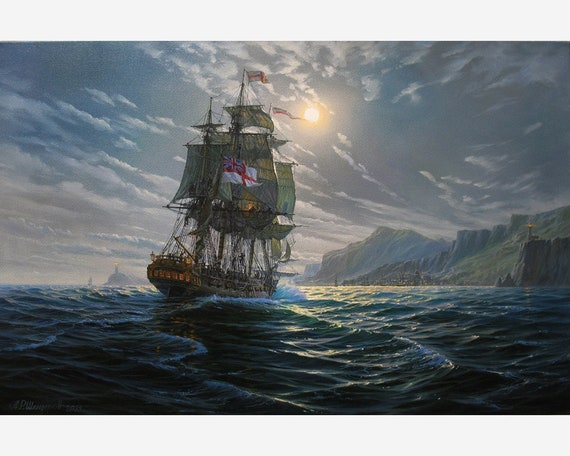 アレクサンダー・シェンデロフによる帆船の夜の絵画、油絵