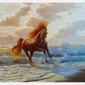 Het kunstcanvas origineel van het paard kunst origineel door Alexander Shenderov Lopend paard van de paardkunstolie in het overzees schilderend zeegezicht dat grote kunst schildert