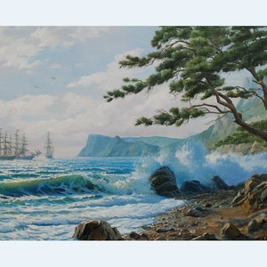 Original Seascape Oil Painting on Canvas by Alexander Shenderov: Beach Scene with Sailing Ships