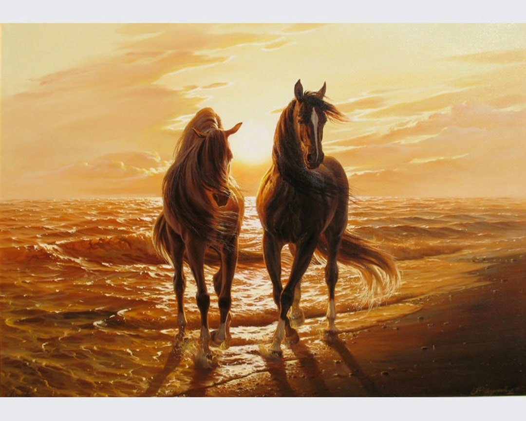 Original Horse Oil Painting: Seascape Sunrise, Large Canvas Wall