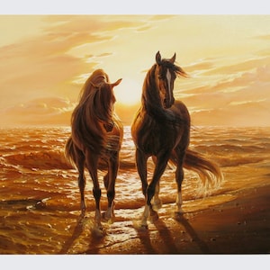Original Horse Oil Painting: Seascape Sunrise, Large Canvas Wall Art by Alexander Shenderov