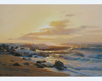 Original Seascape Oil Painting: Sea Sunset Art Canvas by Alexander Shenderov