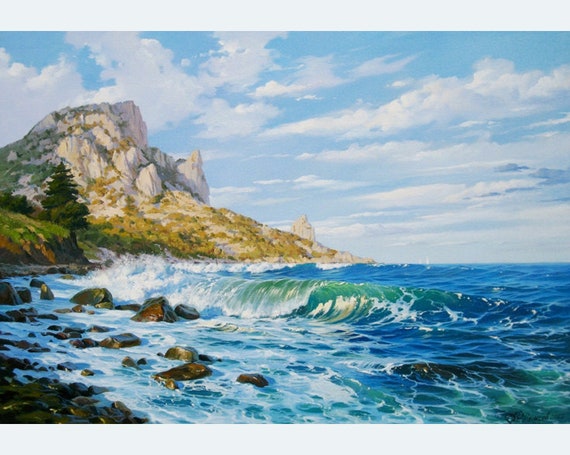Original Seascape Oil Painting: Blue Ocean Wave, Coastal Wall Art