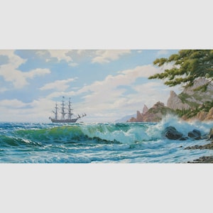 Original Oil Painting: Sunny Ocean Seascape with Sailing Ship by Alexander Shenderov