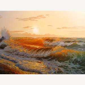 Original Sunset Seascape Oil Painting on Canvas by Alexander Shenderov: Coastal Waves Art