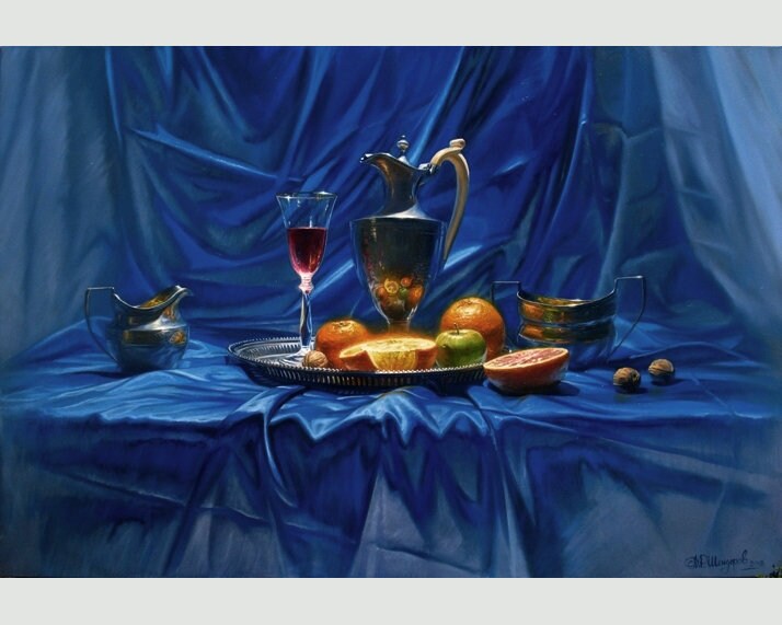 Original Still Life Oil Painting: Blue Orange Fruits Art by