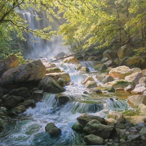 May include: A painting of a lush green forest with a cascading waterfall flowing over rocks. The water is clear and sparkling, and the sunlight shines through the trees, creating a magical atmosphere.