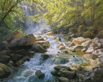 Original Waterfall Oil Painting on Canvas: Landscape Realism Wall Art by Alexander Shenderov