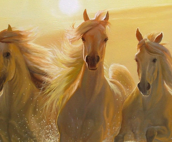 Original Running Horses Oil Painting on Canvas: Sunrise Water Art