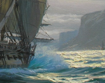 夜の帆船の油絵：アレクサンダー・シェンデロフによるキャンバスに描か