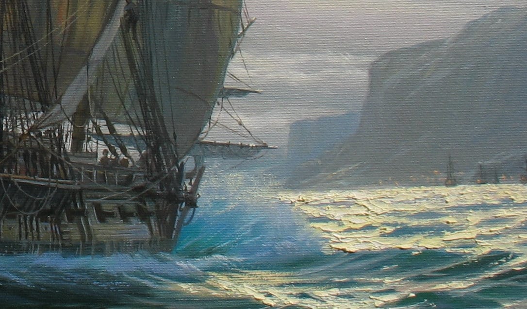 夜の帆船の油絵：アレクサンダー・シェンデロフによるキャンバスに描か