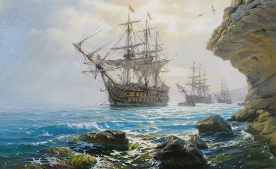 オリジナルの海景油絵：アレクサンダー・シェンデロフによる大型帆船の