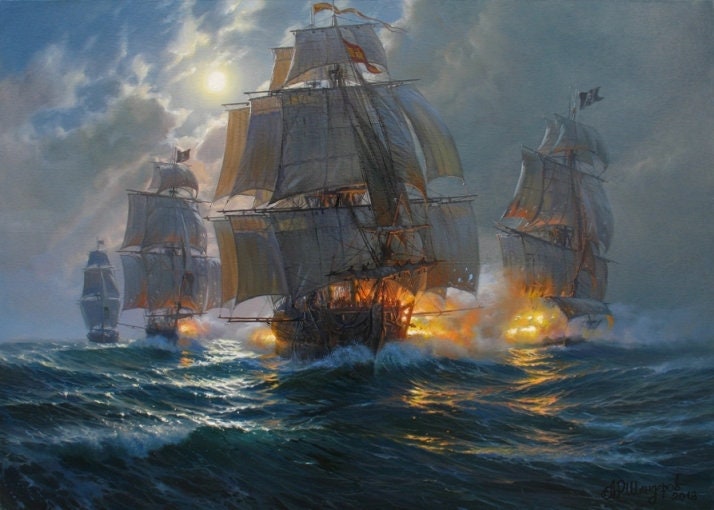 帆船　海戦　絵画 インテリア アート海洋画 3点セット スペイン製 オリジナル油絵：USSエンタープライズ対HMSボクサー海戦の海景