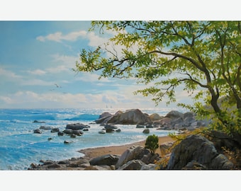 Original Seascape Oil Painting: Blue Green Beach Scene Canvas Art by Alexander Shenderov