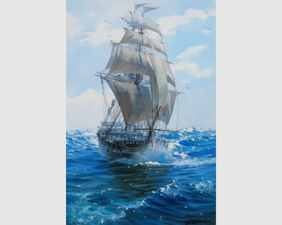 Ship Painting by Alexander Shenderov Ocean Art Sailboat Oil Painting  Original Canvas Seascape Painting Frigate Painting Boat Art Sailing Art -   Canada