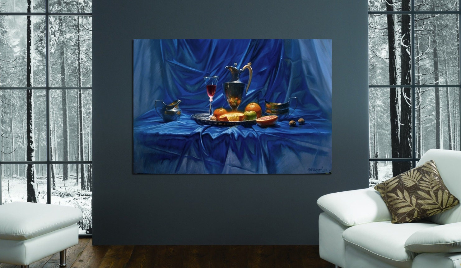 Original Still Life Oil Painting: Blue Orange Fruits Art by