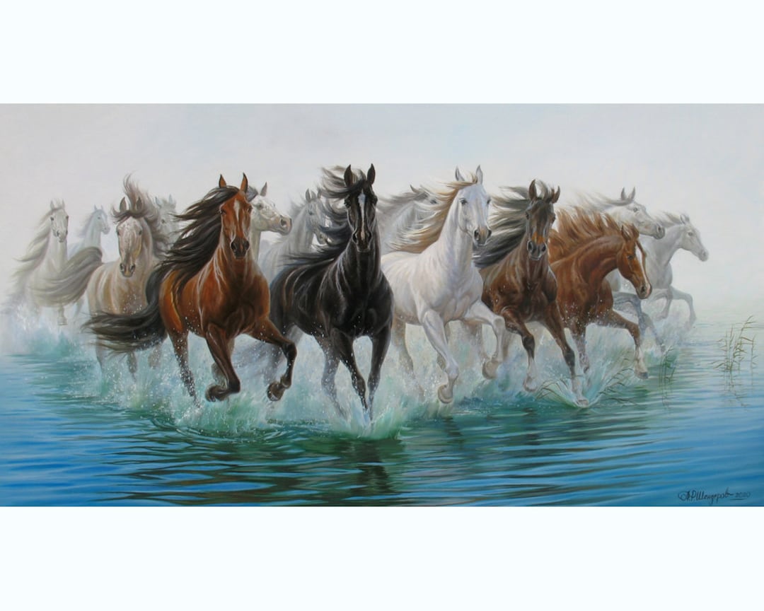 Original Running Horses Oil Painting: Large Canvas Wall Art by