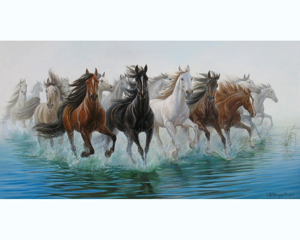 Caballos corriendo en el óleo de agua pintura grande por Alexander