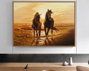 Original Horse Oil Painting: Seascape Sunrise, Large Canvas Wall