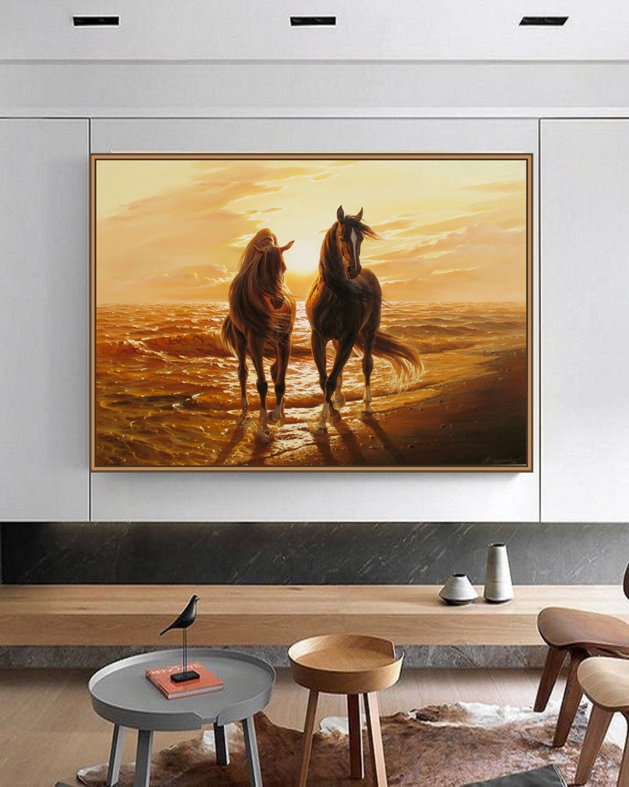 Original Horse Oil Painting: Seascape Sunrise, Large Canvas Wall