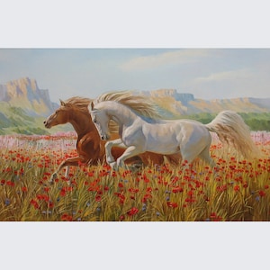 Lopende paarden in het steppe schilderende canvas groot door Alexander Shenderov lopende paardenkunst origineel paard dat paardkunst canvas schildert