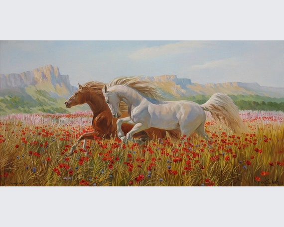 走る馬の油絵：アレクサンダー・シェンデロフによるキャンバスに描かれ