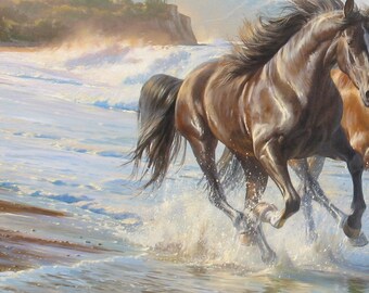 油絵　馬 カラフルな馬の油絵：キャンバスに描かれたテクスチャーのあるポップ