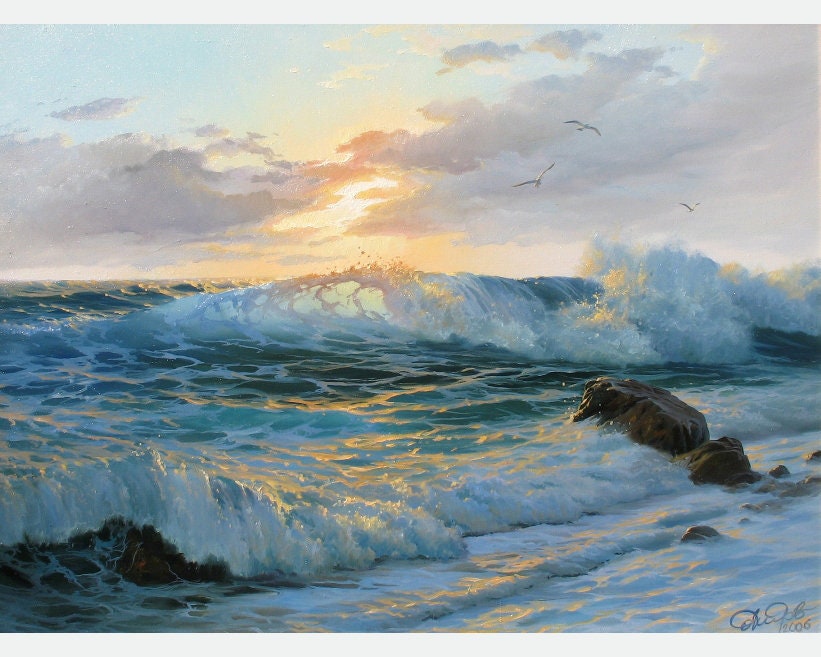 Original Sunrise Ocean Wave Oil Painting on Canvas by Alexander
