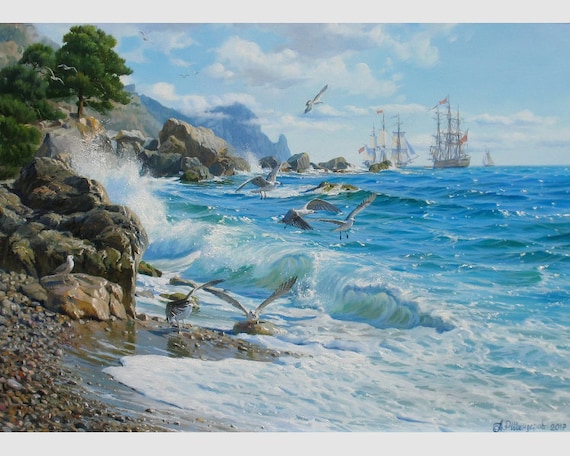 カモメの海景画：アレクサンダー・シェンデロフによるキャンバスに描か