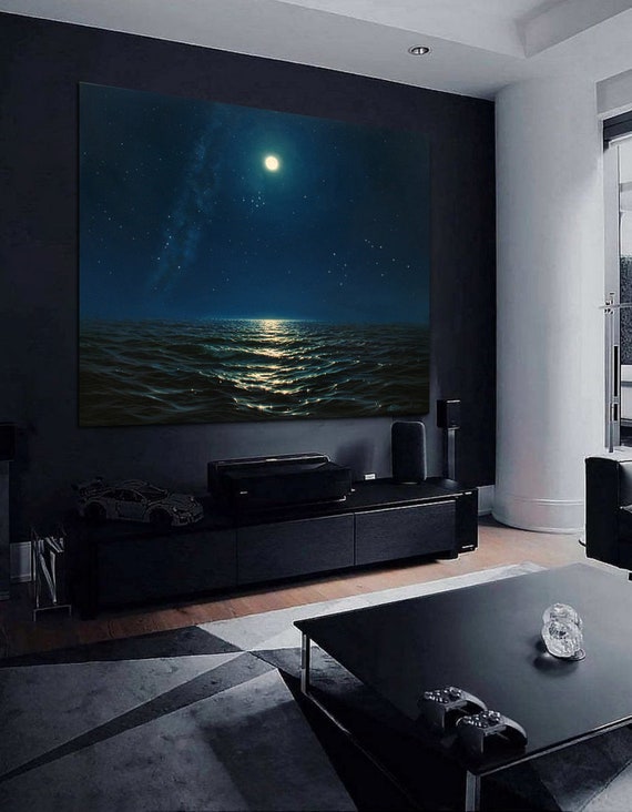 夜の海の油絵：アレクサンダー・シェンデロフによるキャンバスに描かれ