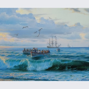 Original Seascape Oil Painting: Boats on Canvas by Alexander Shenderov