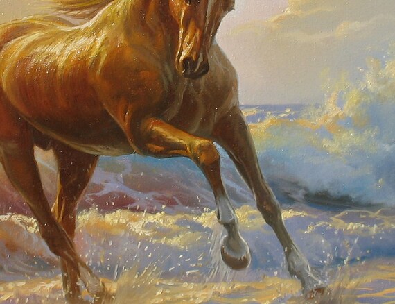 Running Horse Seascape Painting: Original Oil Canvas Art by