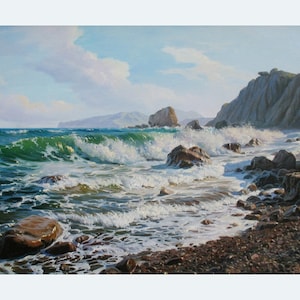 Original Seascape Oil Painting: Ocean Waves, Beach Art by Alexander Shenderov