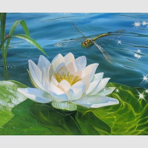 May include: A white water lily with a yellow center blooms on a green lily pad in a blue pond. A dragonfly flies above the lily, and the water reflects sunlight.