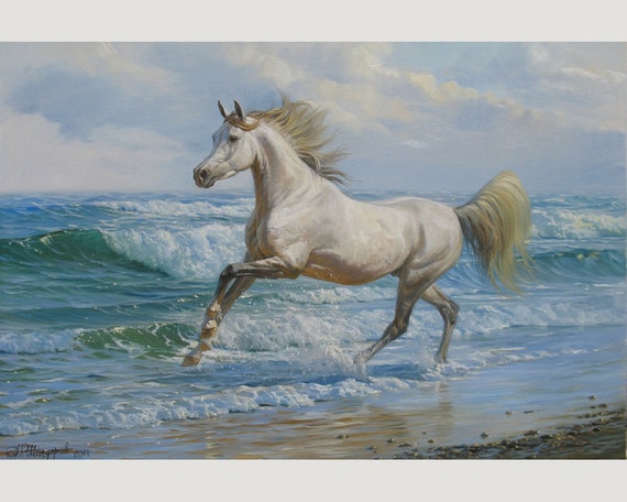 Arabian Horse Oil Painting: Original Seascape Canvas Art by