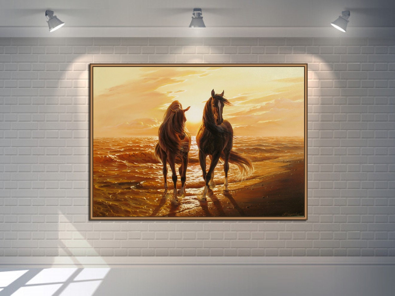 Original Horse Oil Painting: Seascape Sunrise, Large Canvas Wall