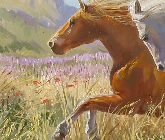 Running Horses Painting: Original Oil Art, Steppe Landscape by