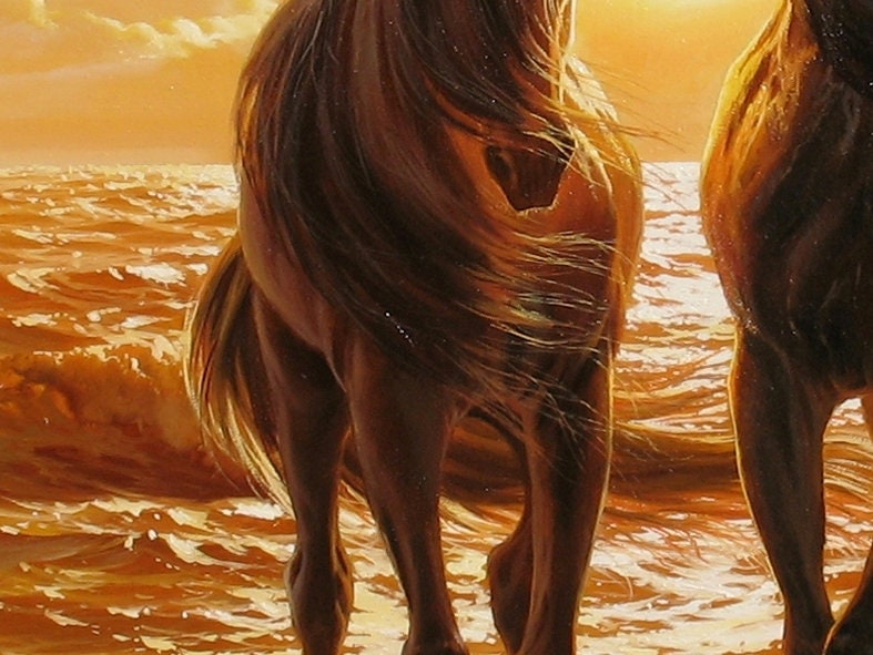 Horses in the Ocean Waves Oil Painting Original by Alexander Shenderov