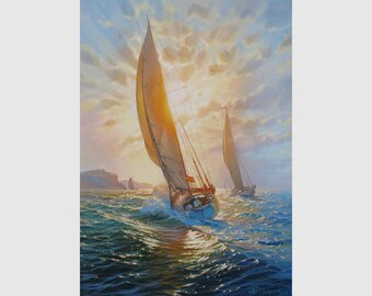 Original Sailboat Oil Painting: Seascape Sunrise Art Canvas by Alexander Shenderov