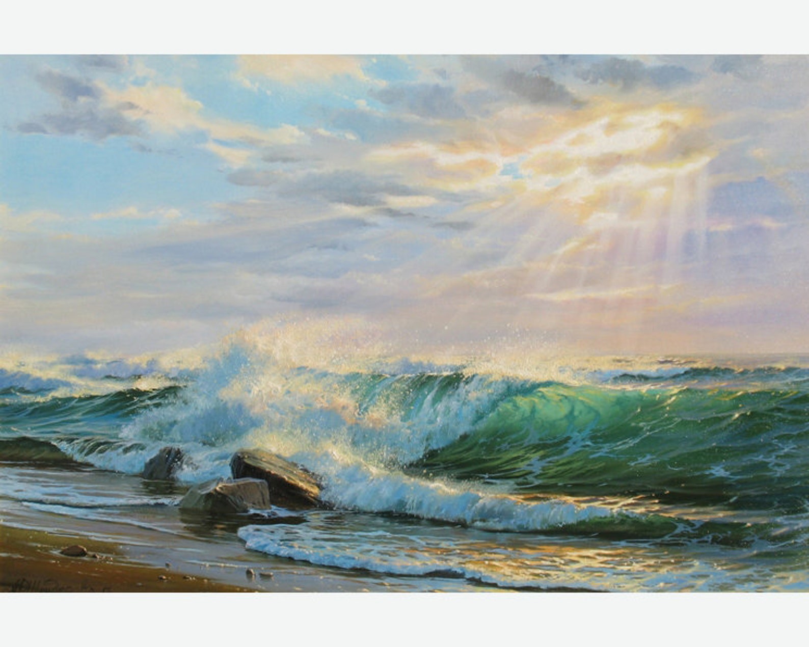 Large Beach Wall Art Oil Canvas by Alexander Shenderov Sea Sunrise