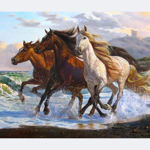 Paard schilderij olie origineel door Alexander Shenderov grote schilderij doek lopende paarden in het water schilderen realisme paard kunst doek olie