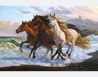 Pintura de caballo óleo original de Alexander Shenderov gran lienzo de pintura corriendo caballos en el agua pintura realismo lienzo arte lienzo óleo