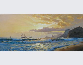 Original Seascape Oil Painting: Coastal Sunset, Large Wave Art by Alexander Shenderov
