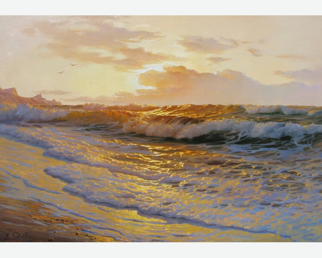 Original Sunset Seascape Oil Painting on Canvas by Alexander