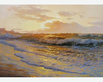 Original Sunset Seascape Oil Painting on Canvas by Alexander Shenderov: Golden Beach Waves Art