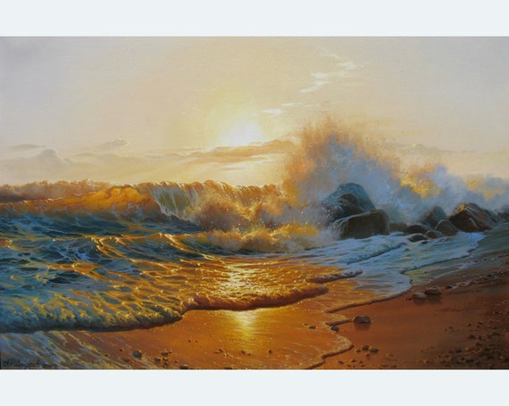 油絵 絵画【夕日の海】 油絵 絵画 夕日の海【A3】 絵画 HR 通販 14064372｜Creema